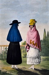 Bergvrouw en vlaktevrouw, gravure door Paul Legrand, Colombia