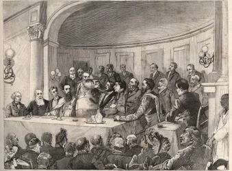 Het Anti-Slavernijcongres gehouden in Parijs op 21, 22 en 23 september 1890 in de Geografische Vereniging in aanwezigheid van Jules Simon, Emile Keller en Monseigneur Lavigerie. Gravure naar de tekening van Paul Merwart in 