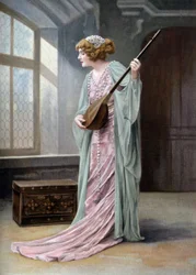 Operazangeres Marguerite Carre (1880-1947) als Orlanda in opera "La reine fiammette" in Parijs, foto door Paul Nadar uit de Franse krant "Le Theatre" 11 oktober