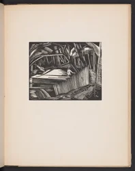 Dark Lake, illustratie uit "Places. 7 prenten gereproduceerd van houtblokken ontworpen en gegraveerd door Paul Nash, met illustraties in proza". Londen, William Heinemann, schutblad