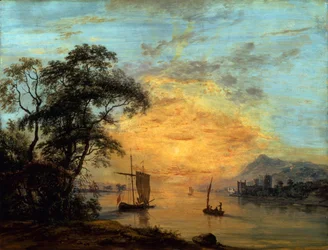 Een rivierlandschap met zonsondergang in Wales.