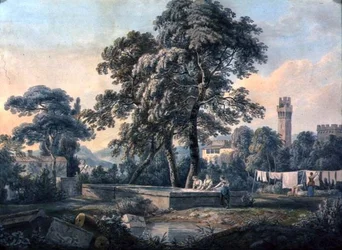 Een Italiaans Landschap met Vrouwen bij een Wasplaats