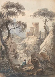 Italiaans landschap met kasteel, waterval en vissers
