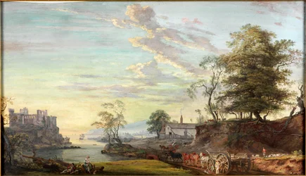 Landschap met kasteel aan een baai