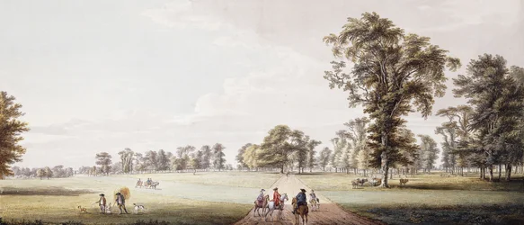 Ruiters in een laan in het park van Luton, met figuren in een phaeton en rustieke figuren links