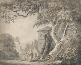 Romantisch Landschap met Figuren en een Hond