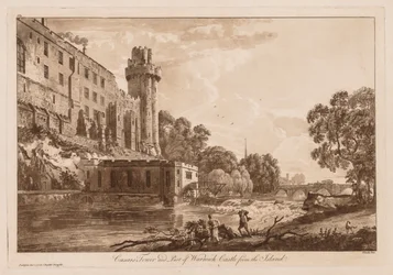 Gezichten op Warwick Castle: Caesars toren en deel van Warwick Castle vanaf het eiland, 1776
