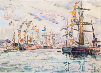 Zeilboten met feestvlaggen aan een pier in Saint-Malo, 1920s