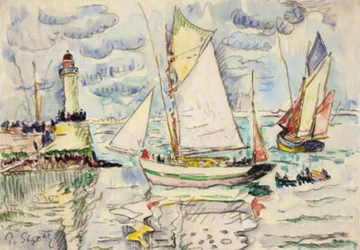Twee vissersboten voor de ingang van de haven van Granville