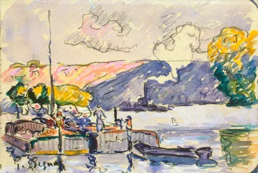 Twee schuiten, boot en sleepboot in Samois, ca. 1900