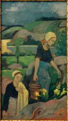 Jonge wasvrouwen die van de rivier komen