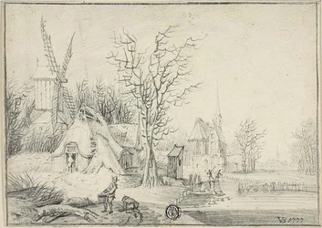 Dorp met molen en kerk