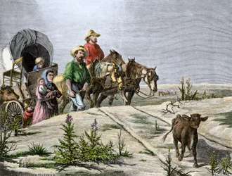 Geschiedenis van de kolonisten van West Conquete: Amerikaanse pioniers. "Arkansas pelerins" een familie doorkruist de Great Plains in een diligence. Kleurrijke gravure uit de 19e eeuw.