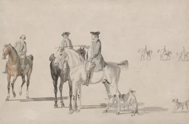 De Hertog van Cumberland met een Heer en een Stalmeester, allen Bereden, en Honden
