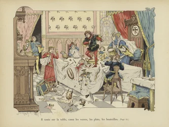 Hij sprong op de tafel, brak glazen, borden en flessen