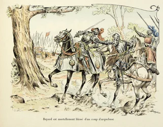 Illustratie uit het boek Histoire du chevalier Bayard door Theodore Cahu, geïllustreerd door Paul De Semant: Bayard verwondt dodelijk met een schot van een haakbus 1524