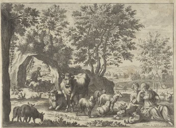 Herder en herderin bij een kudde