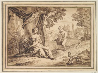 Vrouwen zittend onder pilaar met putto