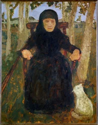 Oude vrouw, zittend, met kat (schilderij op doek)