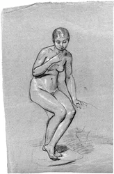 Een zittende vrouwelijke naakt, naar beneden kijkend