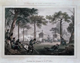 Troepen in het Parc Royal, Brussel, 25 september 1830, gegraveerd door Dewasme-Pletinckx