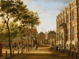 Den Haag: de Mauritspoort en het Binnenhof gezien vanaf het Plein