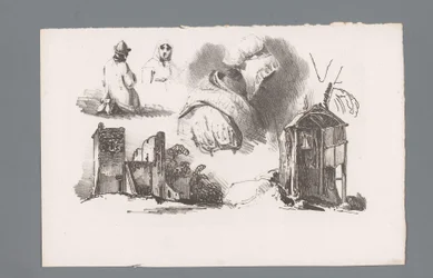 Drie figuren en twee ruïnes