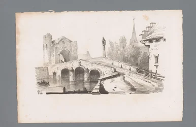 Gezicht op een brug met poort, op de achtergrond een kerk