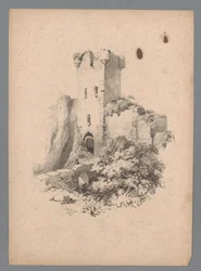 Gezicht op een ruïne van een toren met poort
