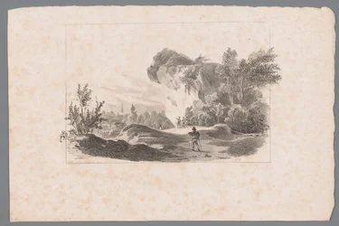 Landschap met figuren bij een rots