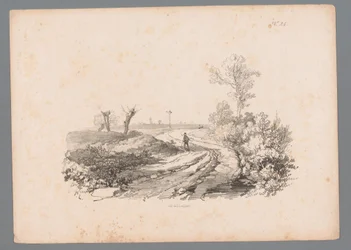 Landschap met figuur met een wandelstok op een landweg