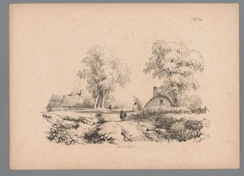 Landschap met twee huizen en twee figuren op een weg