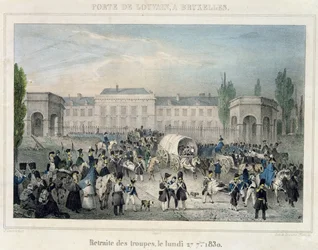 Porte de Louvain, Brussel: De terugtocht van de Nederlandse troepen, 27 september 1830, gegraveerd door Dewasme-Pletinckx