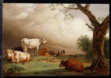 Vee in een veld, met reizigers in een wagen op een pad verderop en een kerktoren in de verte, een regenbui nadert, 1652