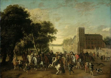 Prins Maurits, vergezeld door Prins Frederik Hendrik, Frederik V van Bohemen en zijn vrouw Elizabeth Stuart, en anderen, op het Buitenhof, Den Haag