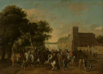 Prins Maurits, vergezeld door Prins Frederik Hendrik, Frederik V van Bohemen en zijn vrouw Elizabeth Stuart, en anderen, op het Buitenhof, Den Haag