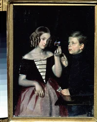 Portret van de twee kinderen Gerbin die een vlinder bekijken