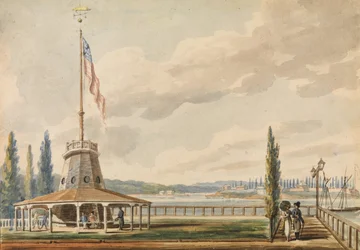 Het eerste uitzicht van de reiziger op New York—De Battery en de vlaggenmast, 1811-ca. 1813