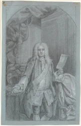 Portretstudie (kniehoogte) van een staande man met rechterarm op een tafel met helm, en in de linkerhand een document. Ordeband met olifant en een ster links van het band (blauwe ridder)