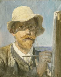 Een zelfportret van de kunstenaar, hoofd en schouders bij zijn ezel