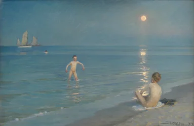 Jongens baden in Skagen. Zomeravond