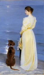 Zomeravond bij Skagen. De vrouw van de kunstenaar met hond aan de waterkant