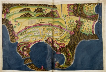 Onder Portugese illustratie van Muscat, uit het manuscript Livro do Estado da India Oriental van Pedro Barreto de Resende, Sloane MS 197