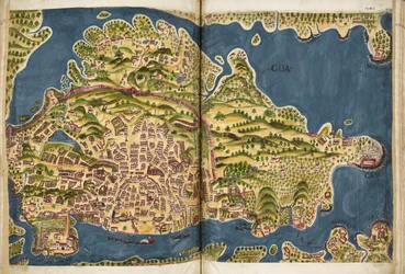 Portugese illustratie van Goa, uit het manuscript Livro do Estado da India Oriental van Pedro Barreto de Resende, Sloane MS 197