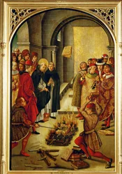 Sint Dominicus zit de verbranding van de ketterse boeken van de Albigenzen voor (schilderij op hout)