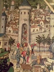 Sint Jordi Altaarstuk, detail van de verovering van de stad Majorca door het leger van James I