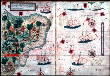 Kaart van Brazilië door Portugese zeevaarders Pedro Reinel en Lopo Homen, ca. 1525