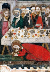Maria Magdalena wast de voeten van Christus met haar haar, door Pedro Serra of Pere Serra (actief tussen 1363 en 1399), schilderij op hout.