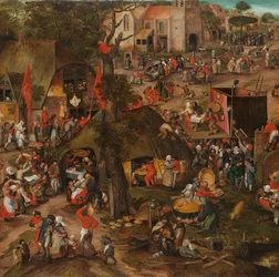 Een Vlaamse kermis met een uitvoering van de klucht 
