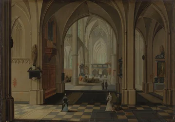 Interieur van een denkbeeldige gotische kerk, kijkend naar het oosten